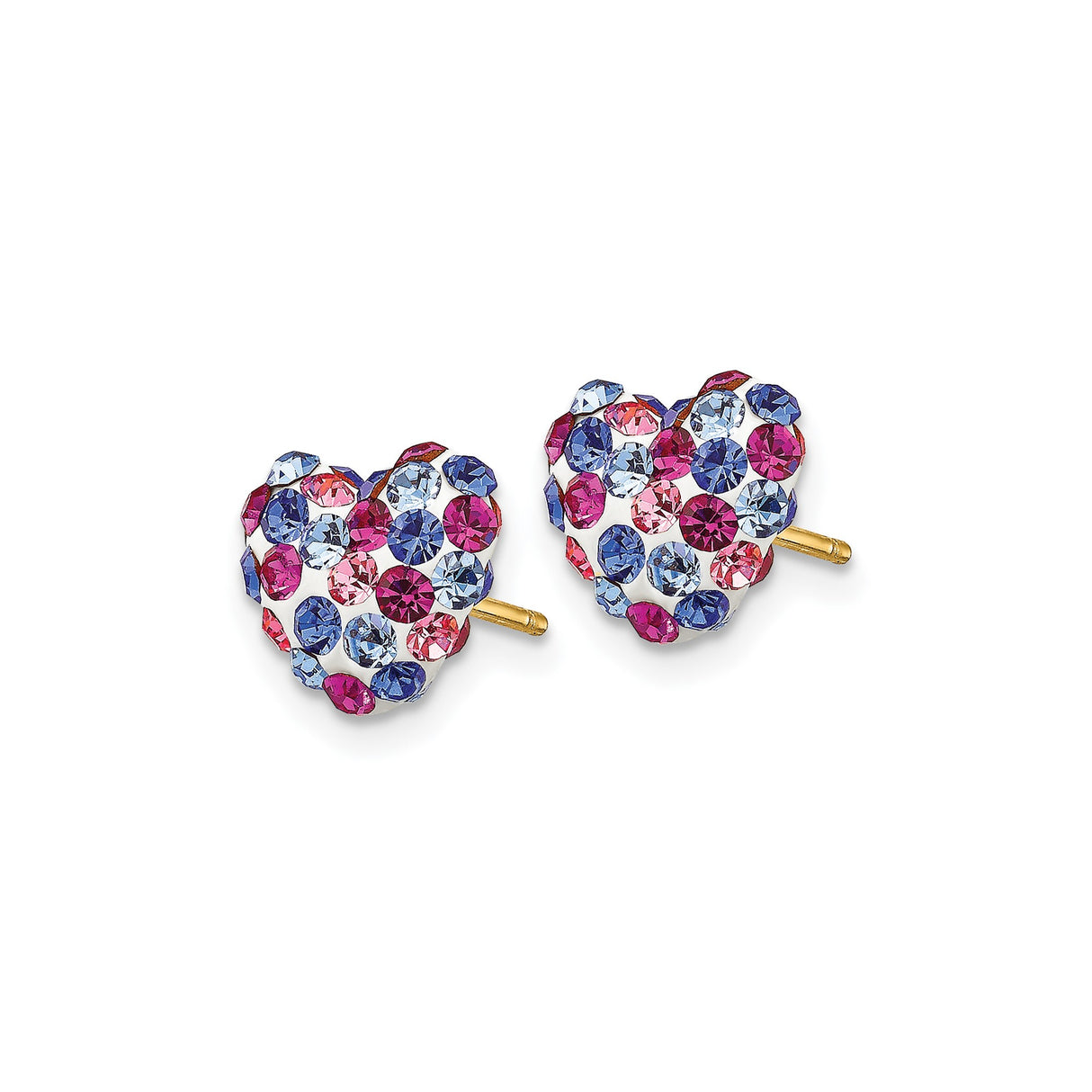 14k Yellow Gold Heart Stud Earrings with Pink, Blue, and Purple Crystals, Dainty Multicolor Design