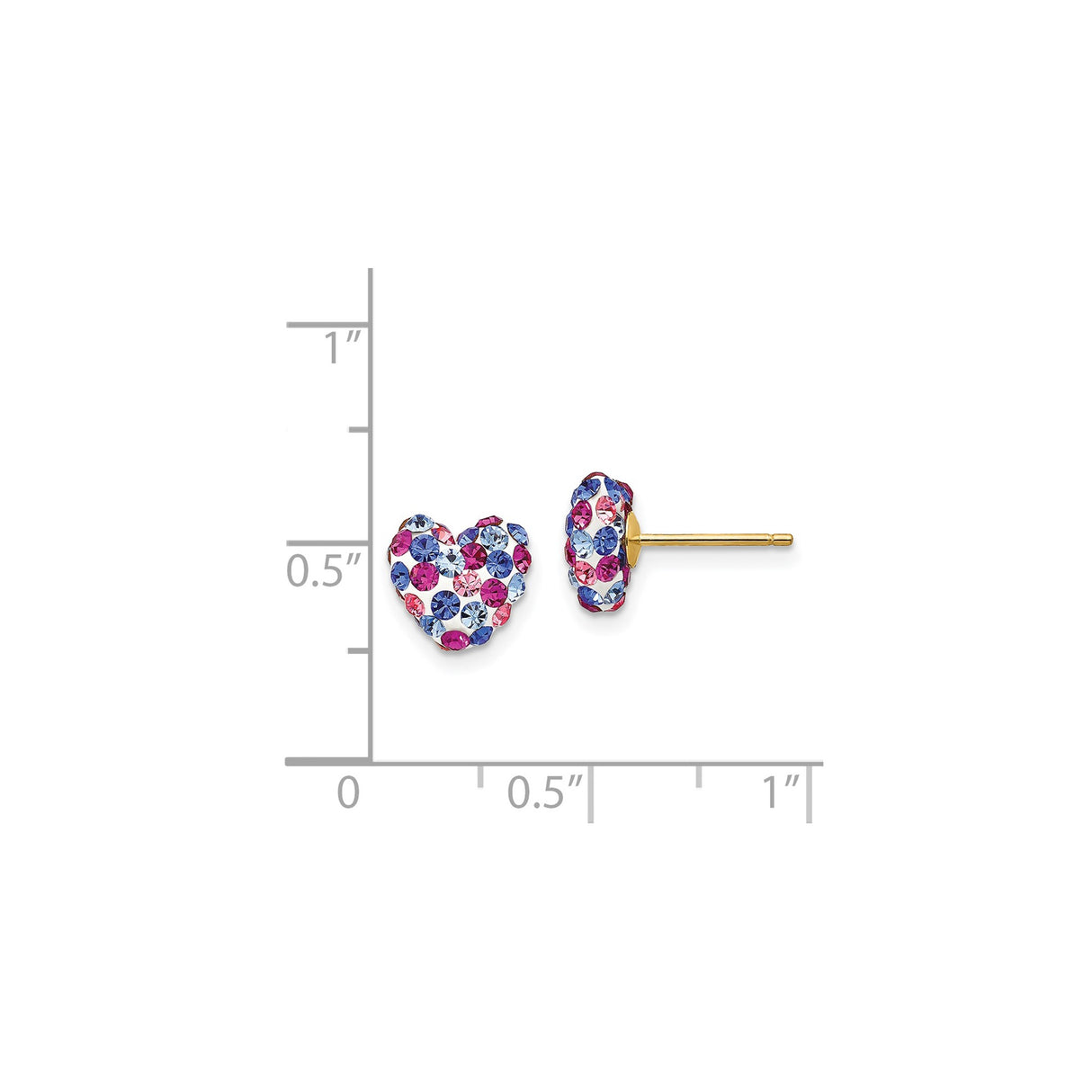 14k Yellow Gold Heart Stud Earrings with Pink, Blue, and Purple Crystals, Dainty Multicolor Design