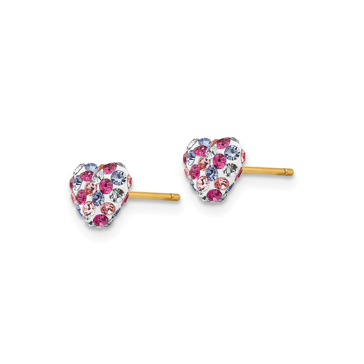 14k Yellow Gold Heart Shaped Stud Earrings with Pink, Purple, and Clear Crystals