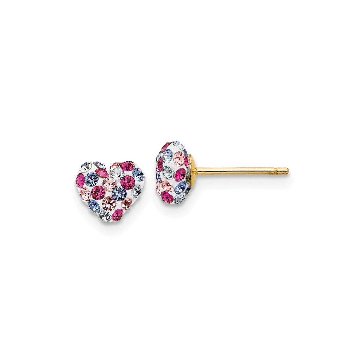 14k Yellow Gold Heart Shaped Stud Earrings with Pink, Purple, and Clear Crystals
