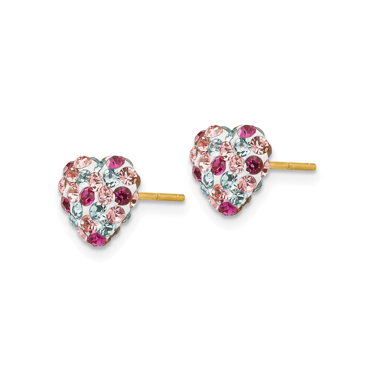 14k Yellow Gold Heart Stud Earrings with Multicolor Crystals, Pavé Setting, for Women