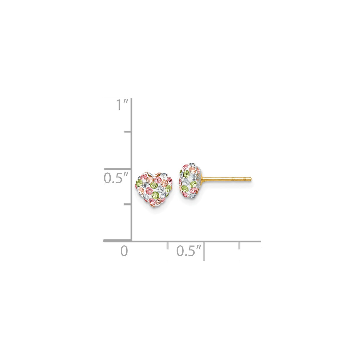 14k Yellow Gold Heart Stud Earrings with Multicolor Crystals in Pink, Green, and Clear