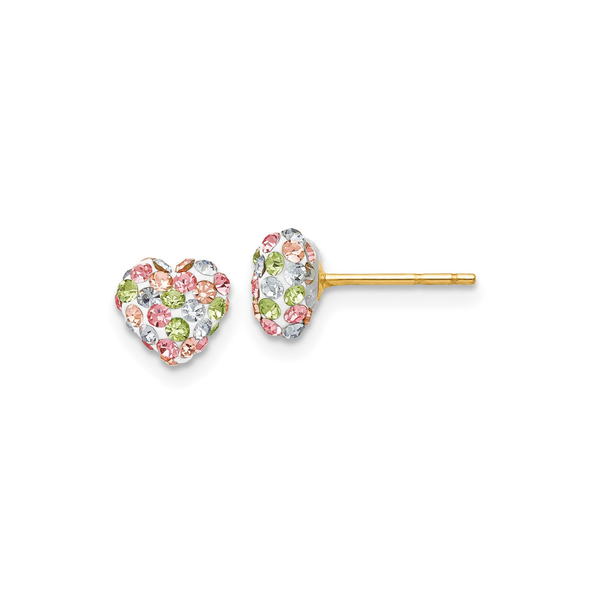 14k Yellow Gold Heart Stud Earrings with Multicolor Crystals in Pink, Green, and Clear