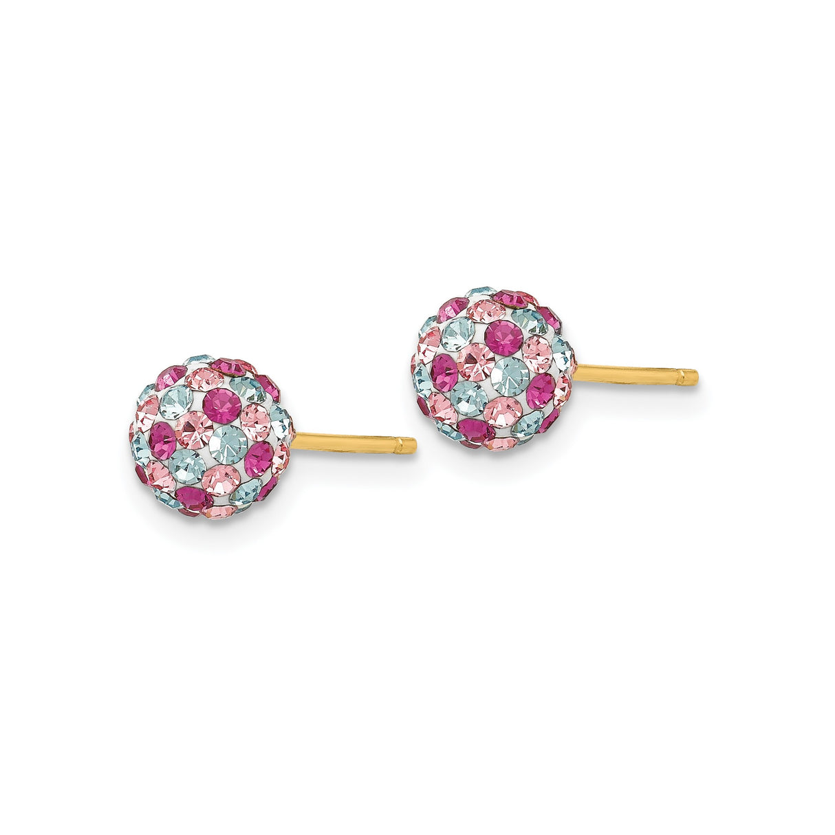14k Yellow Gold Stud Earrings with Pink, Magenta, and Light Blue Crystals, Multicolor Jewelry for Women