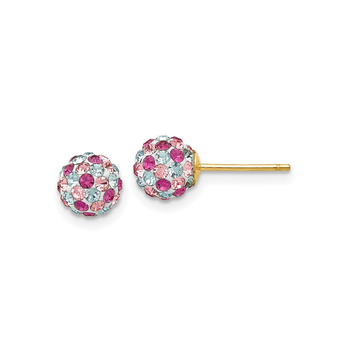 14k Yellow Gold Stud Earrings with Pink, Magenta, and Light Blue Crystals, Multicolor Jewelry for Women