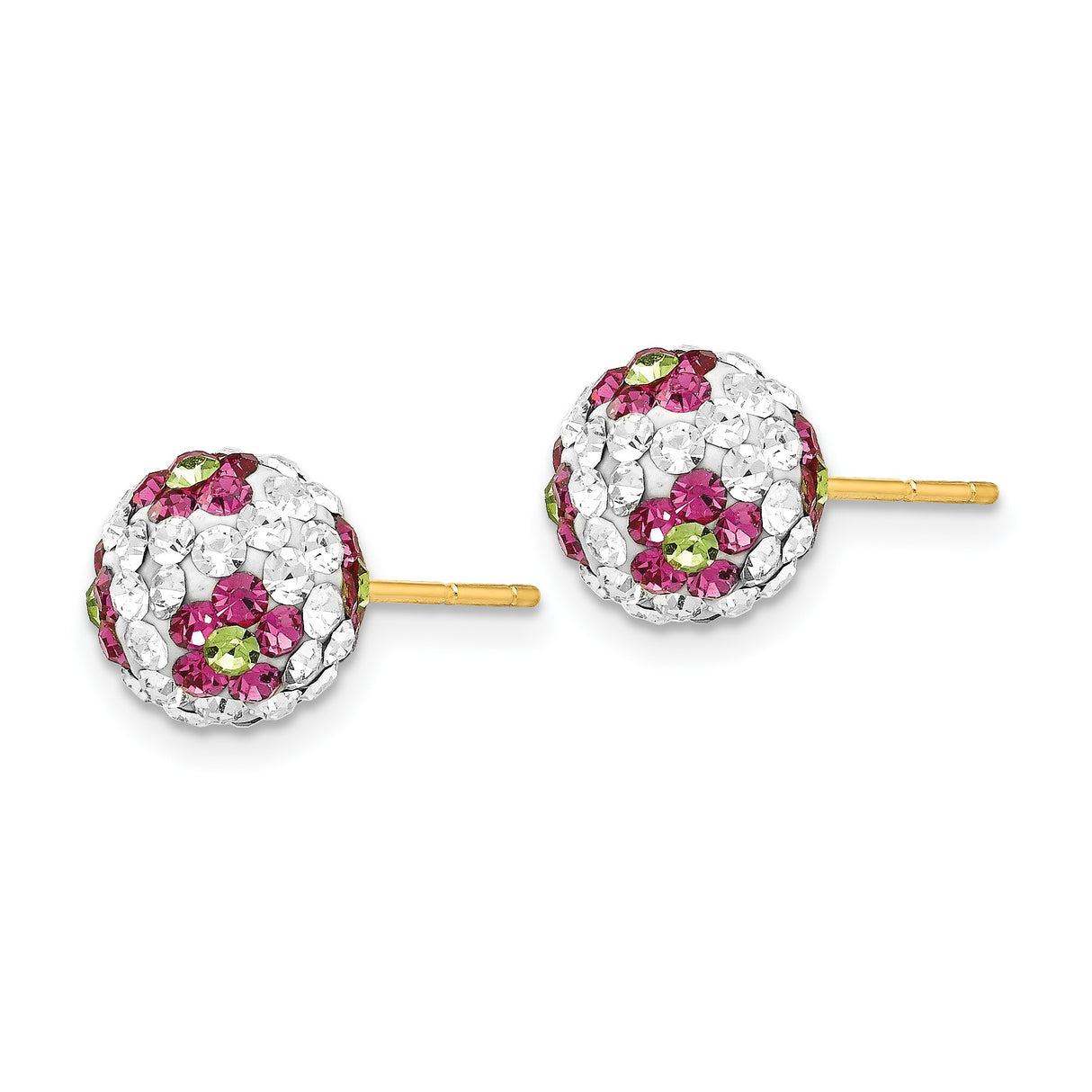 14k Yellow Gold Stud Earrings with Pink, Green, and White Crystals in Pavé Floral Design