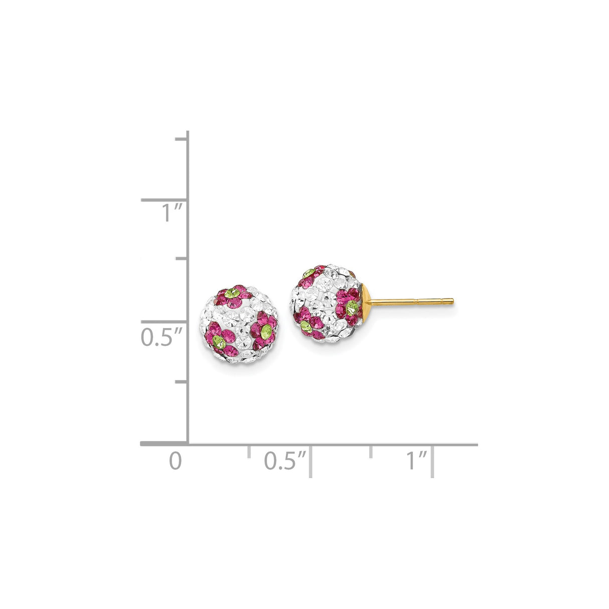 14k Yellow Gold Stud Earrings with Pink, Green, and White Crystals in Pavé Floral Design