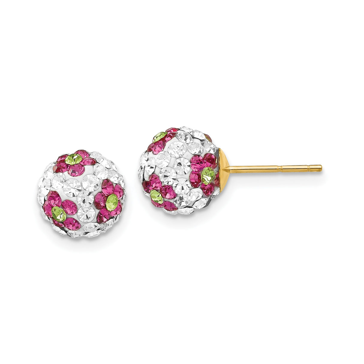 14k Yellow Gold Stud Earrings with Pink, Green, and White Crystals in Pavé Floral Design
