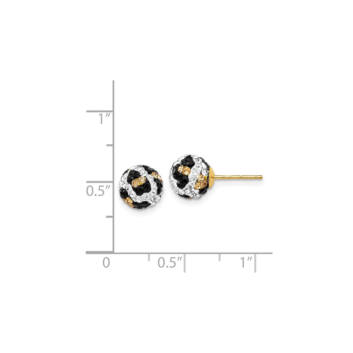 14k Yellow Gold Stud Earrings with Crystal Disco Ball Design and Zebra Pattern