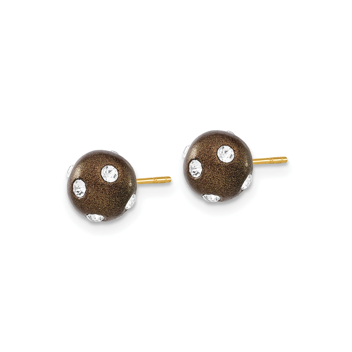 14k Yellow Gold Stud Earrings with Brown Enamel Ball Design and White Crystal Accents