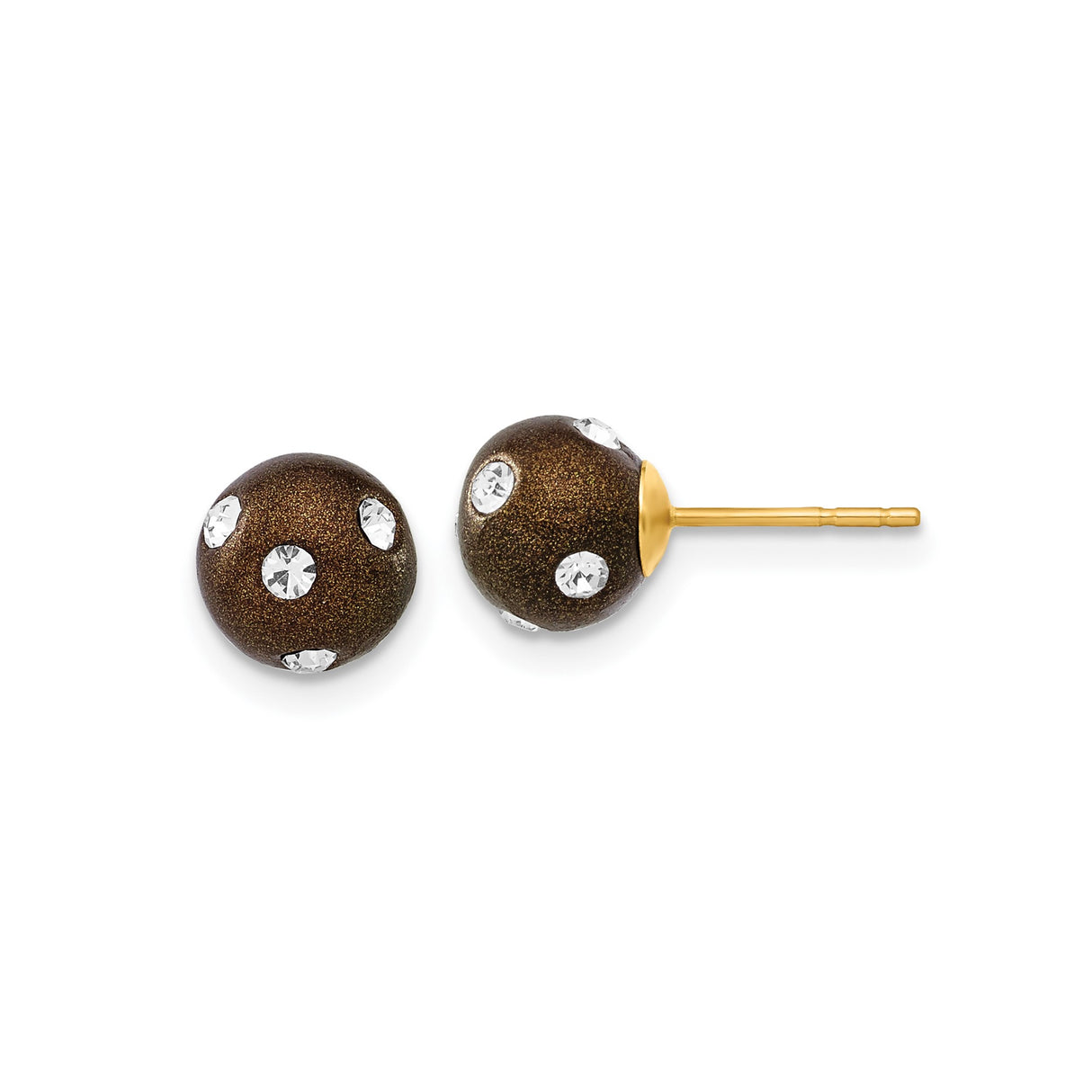 14k Yellow Gold Stud Earrings with Brown Enamel Ball Design and White Crystal Accents