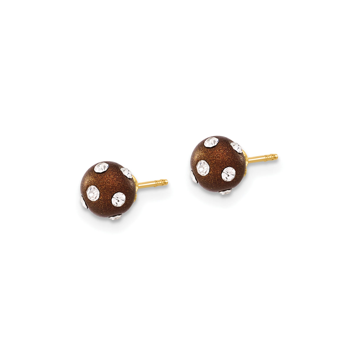 14k Yellow Gold Stud Earrings with Brown Enamel Balls and White Crystals, Modern Style