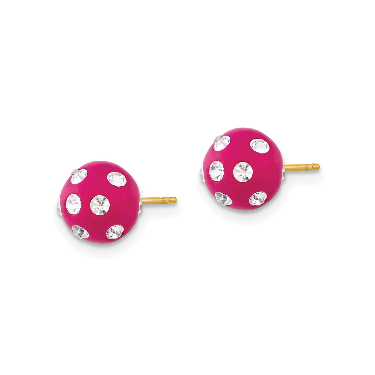 14k Yellow Gold Stud Earrings with Hot Pink Enamel Balls and Crystal Polka Dots