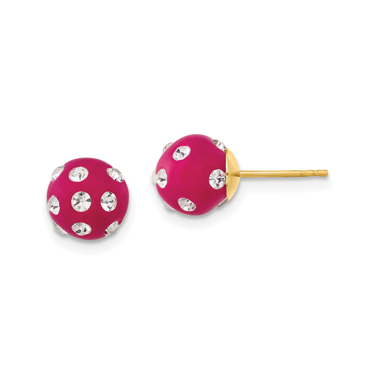 14k Yellow Gold Stud Earrings with Hot Pink Enamel Balls and Crystal Polka Dots