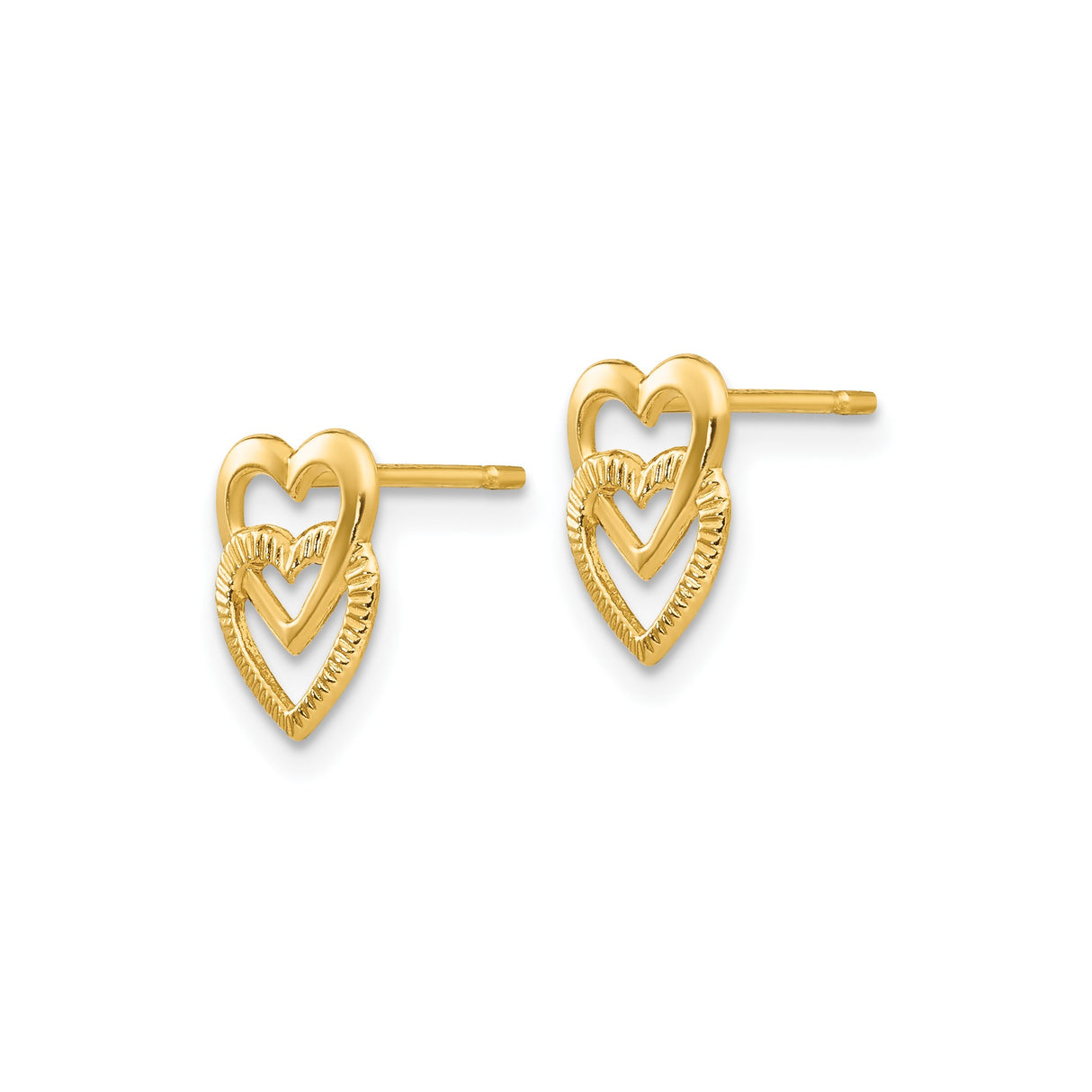 14k Yellow Gold Heart Stud Earrings with Triple Open Heart Design and Textured Detailing