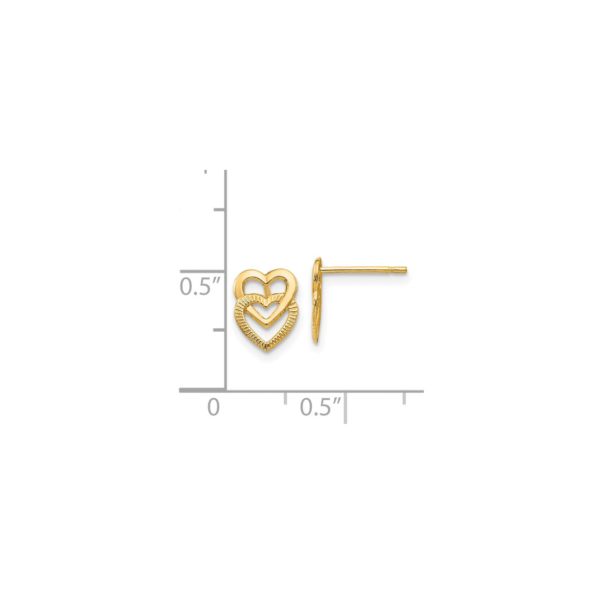 14k Yellow Gold Heart Stud Earrings with Triple Open Heart Design and Textured Detailing