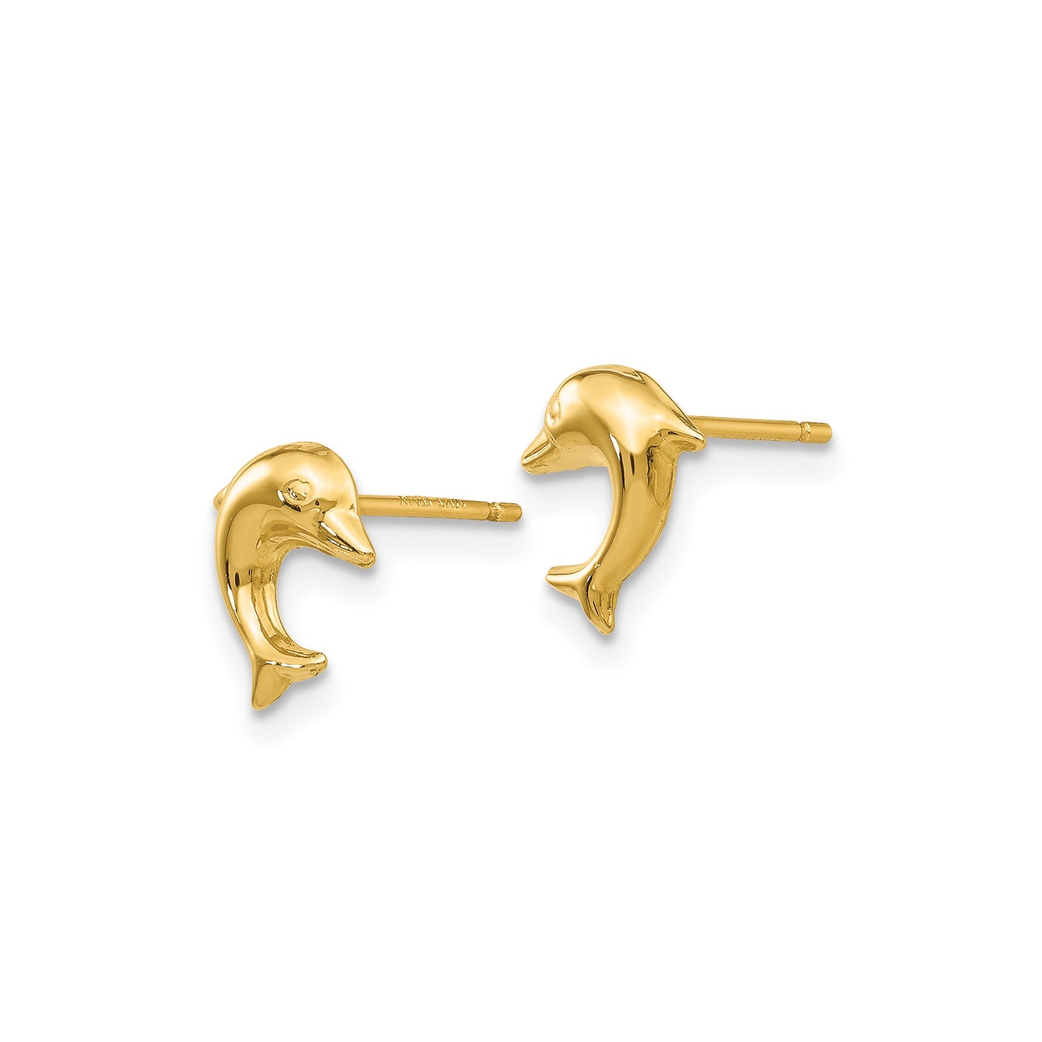 14k Yellow Gold Dolphin Stud Earrings, Ocean Inspired Marine Animal Design for Women and Girls