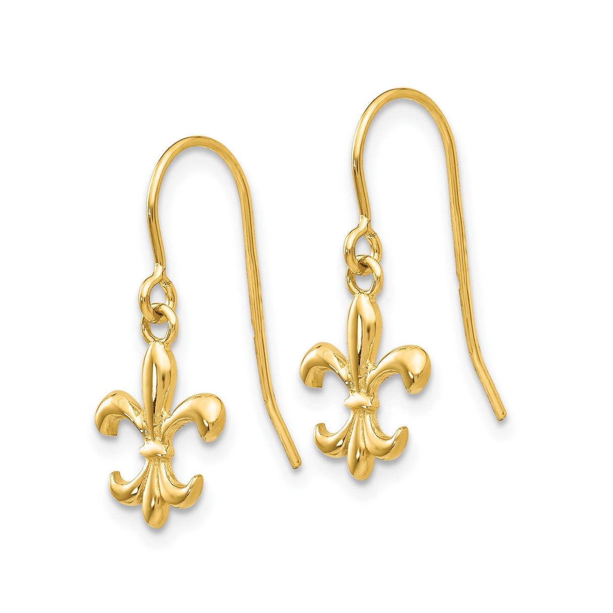 14k Yellow Gold Fleur de Lis Dangle Earrings, Polished French Symbol Design for Women