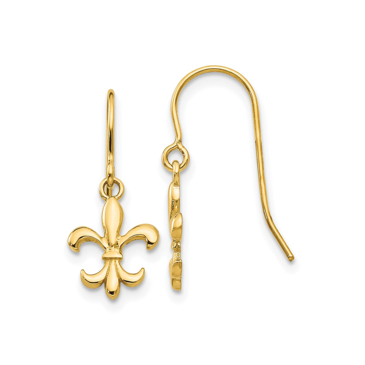 14k Yellow Gold Fleur de Lis Dangle Earrings, Polished French Symbol Design for Women