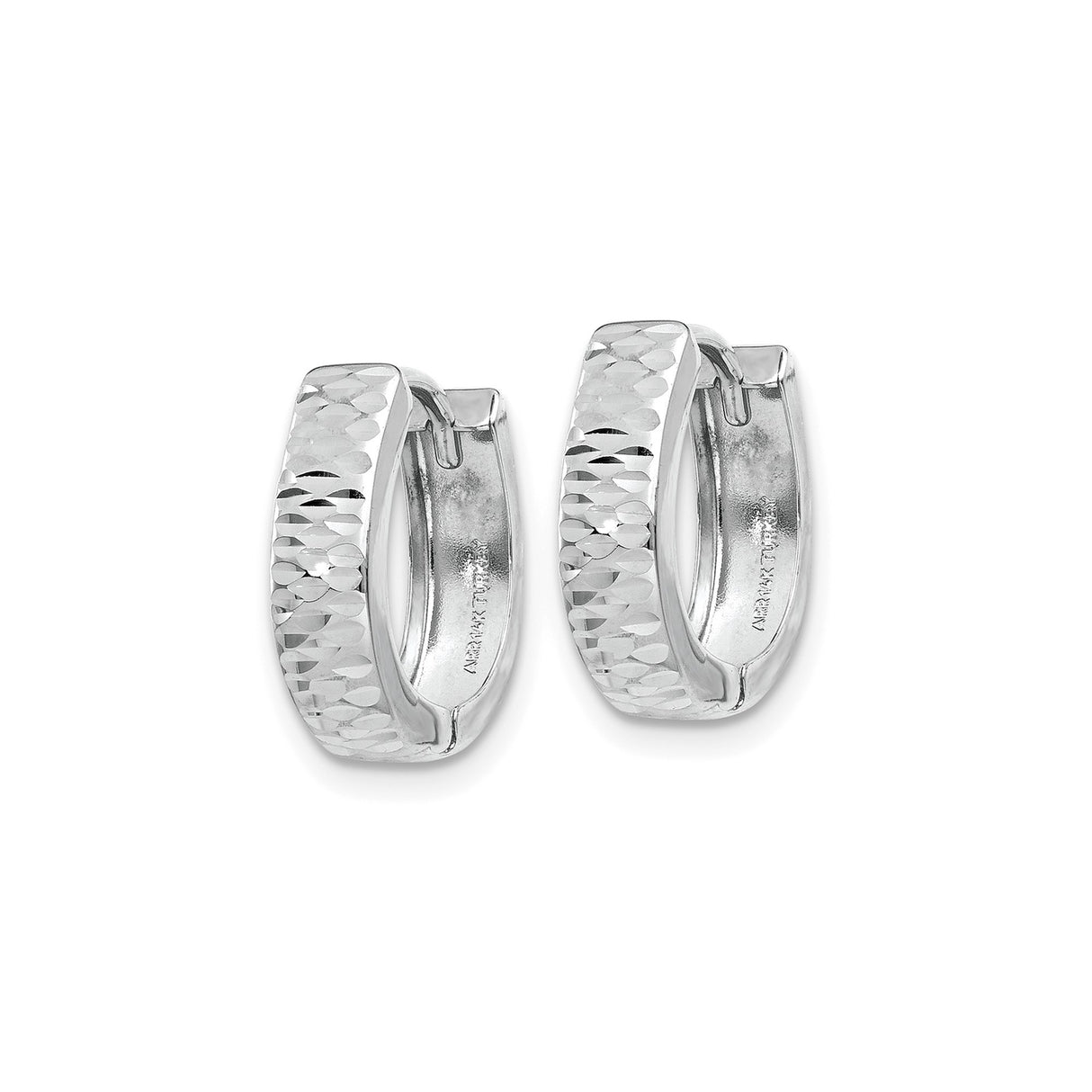 14k White Gold Hoop Earrings, Faceted Diamond Cut Texture, Huggie Style, Hinged Closure