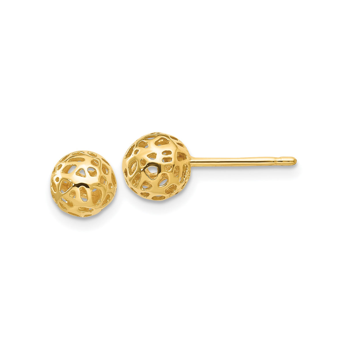 14k Yellow Gold Ball Stud Earrings, Hollow Lightweight Openwork Design, Polished Finish