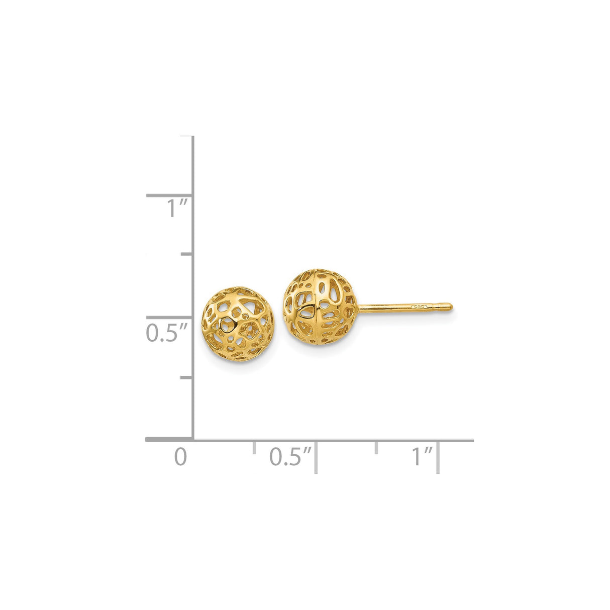 14k Yellow Gold Stud Earrings with Openwork Filigree Ball Design, Lightweight Geometric Style