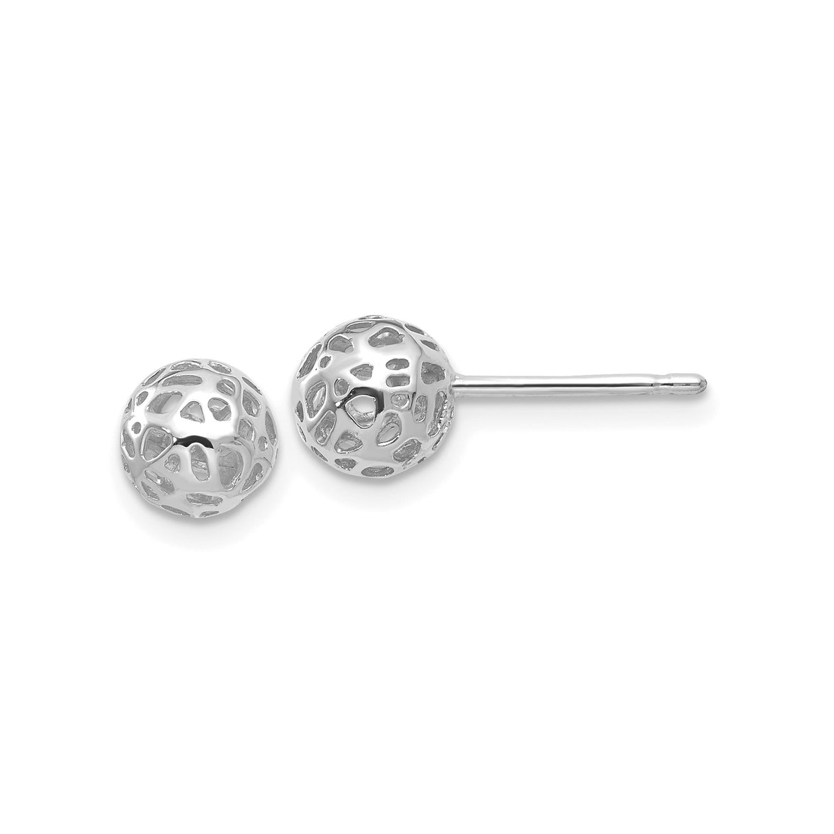 14k White Gold Ball Stud Earrings, Hollow Openwork Design, Lightweight Textured Style