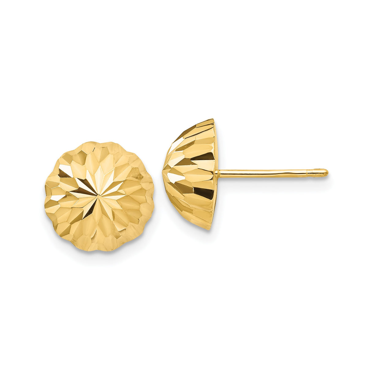 14k Yellow Gold Faceted Dome Stud Earrings, Geometric Sunburst Textured Design