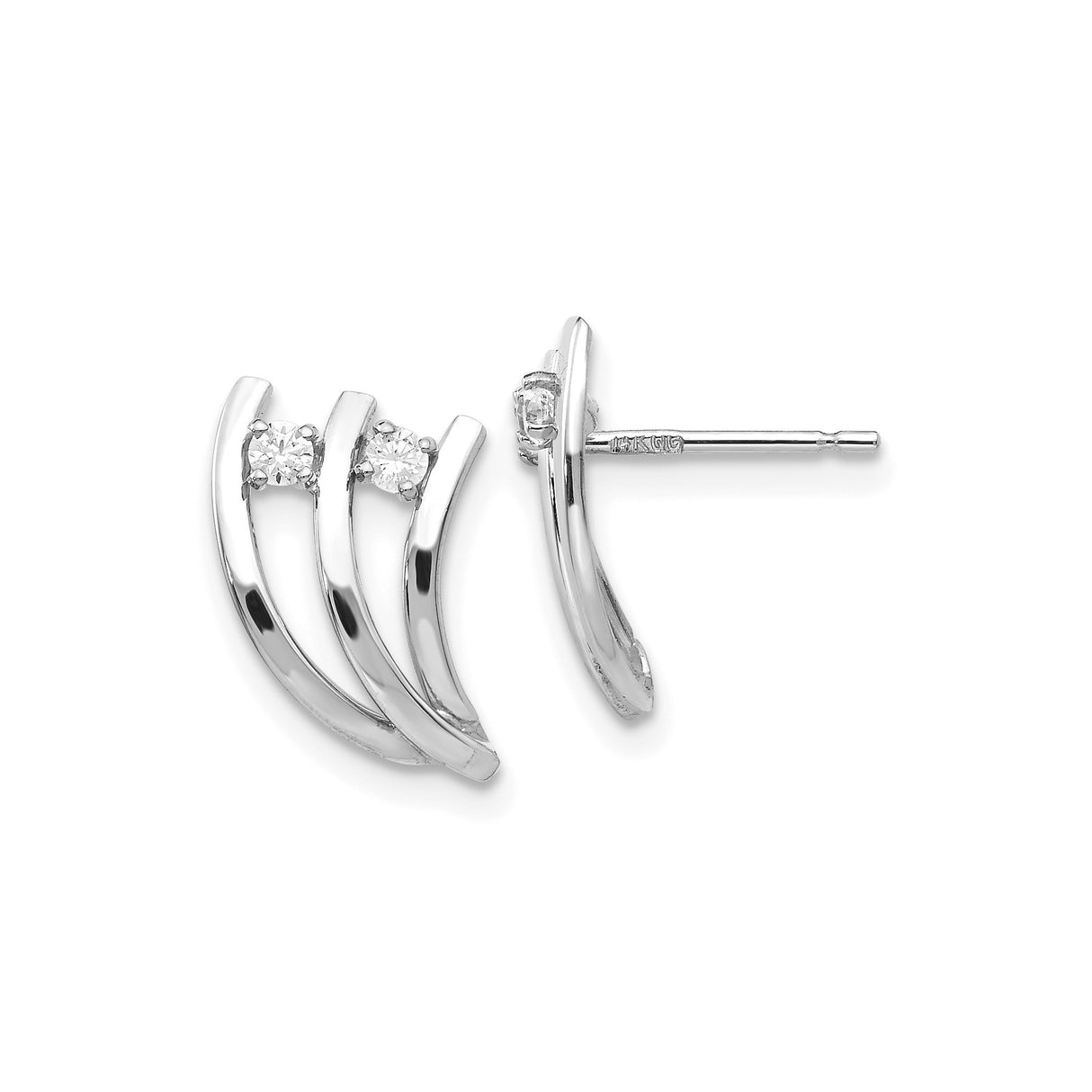 14k White Gold Stud Earrings with Cubic Zirconia in Modern Triple Bar Design