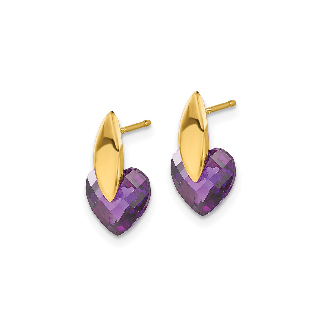 14k Yellow Gold Stud Earrings with Heart-Shaped Purple Cubic Zirconia, Romantic Modern Style
