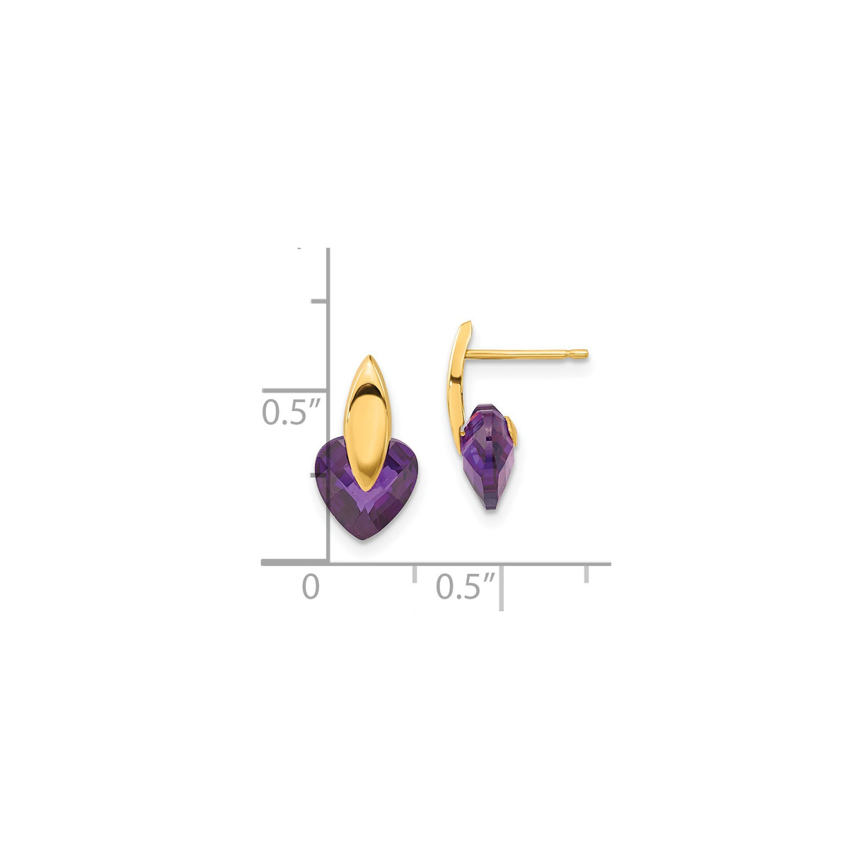 14k Yellow Gold Stud Earrings with Heart-Shaped Purple Cubic Zirconia, Romantic Modern Style