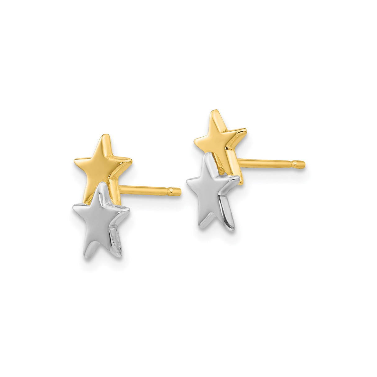14k Yellow Gold Star Stud Earrings, Double Star Design, Two-Tone Celestial Style for Women