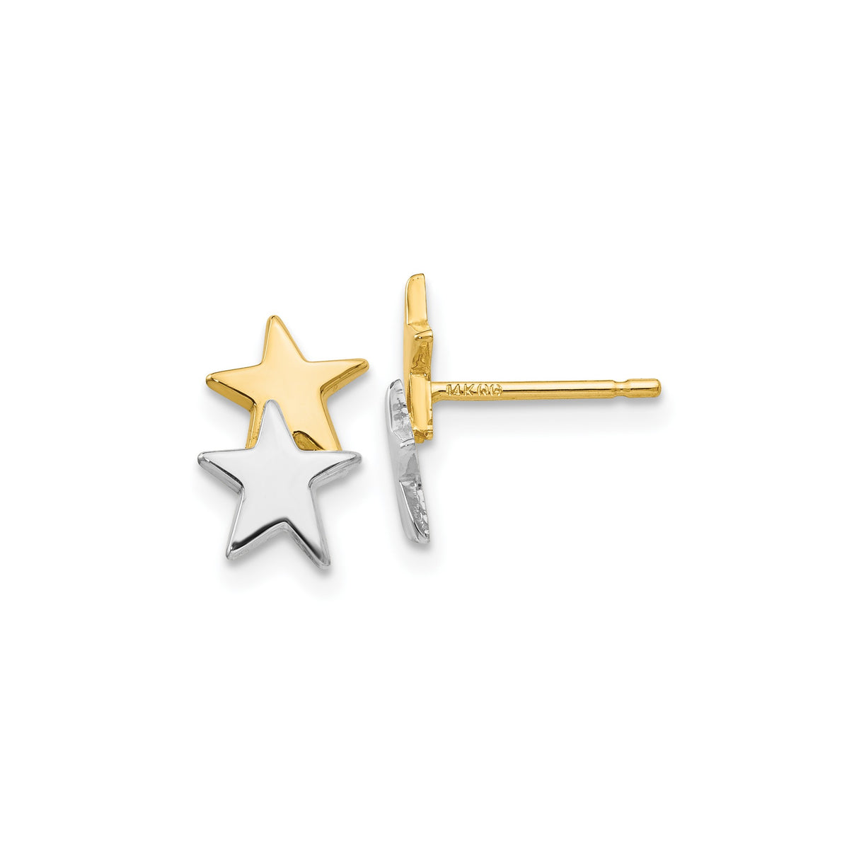 14k Yellow Gold Star Stud Earrings, Double Star Design, Two-Tone Celestial Style for Women
