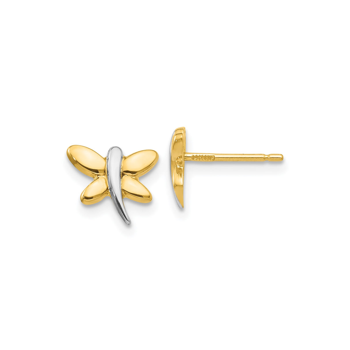14k Yellow Gold Stud Earrings, Dragonfly Design, Polished Nature-Inspired Jewelry for Women