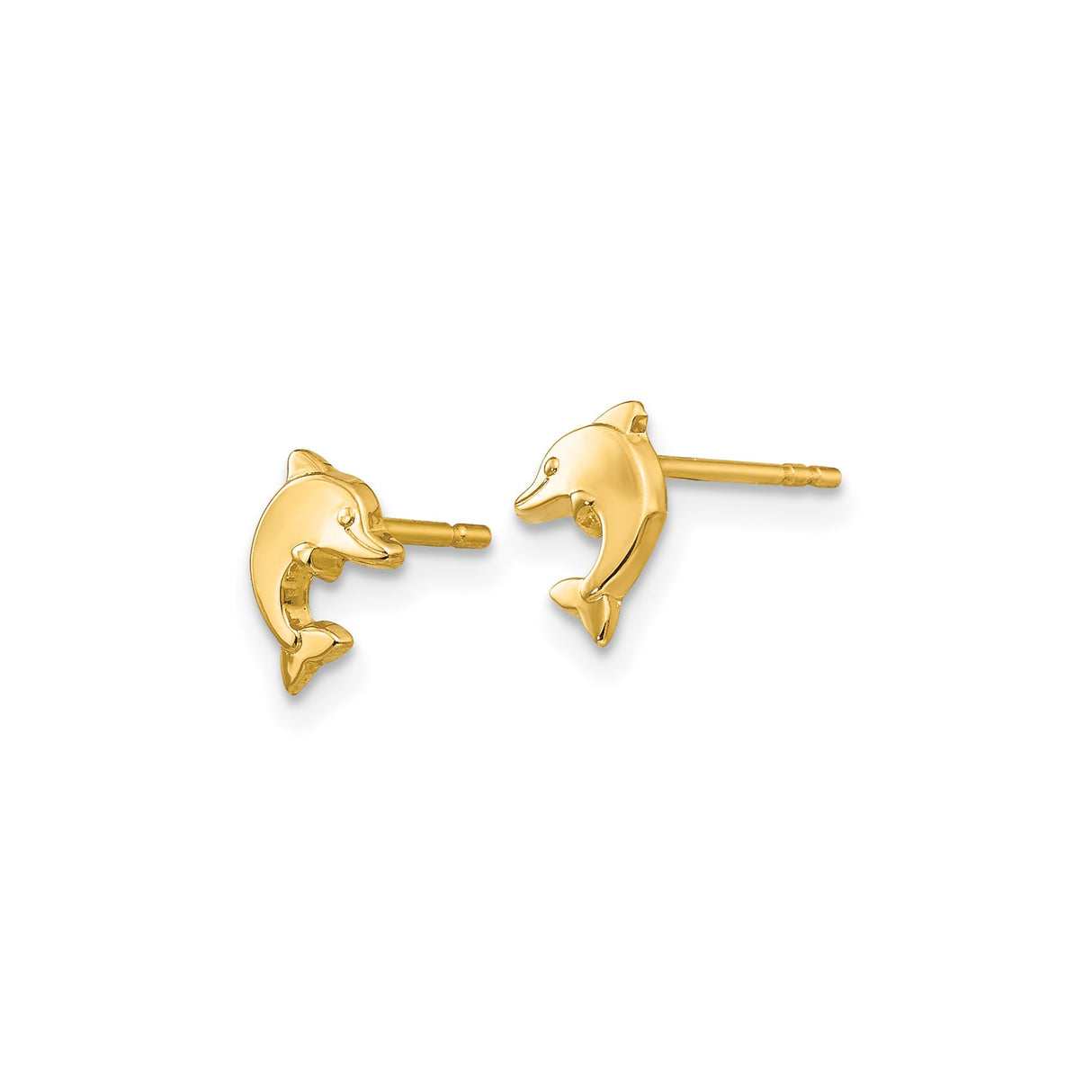 14k Yellow Gold Dolphin Stud Earrings, Polished Ocean-Inspired Animal Design for Women and Girls