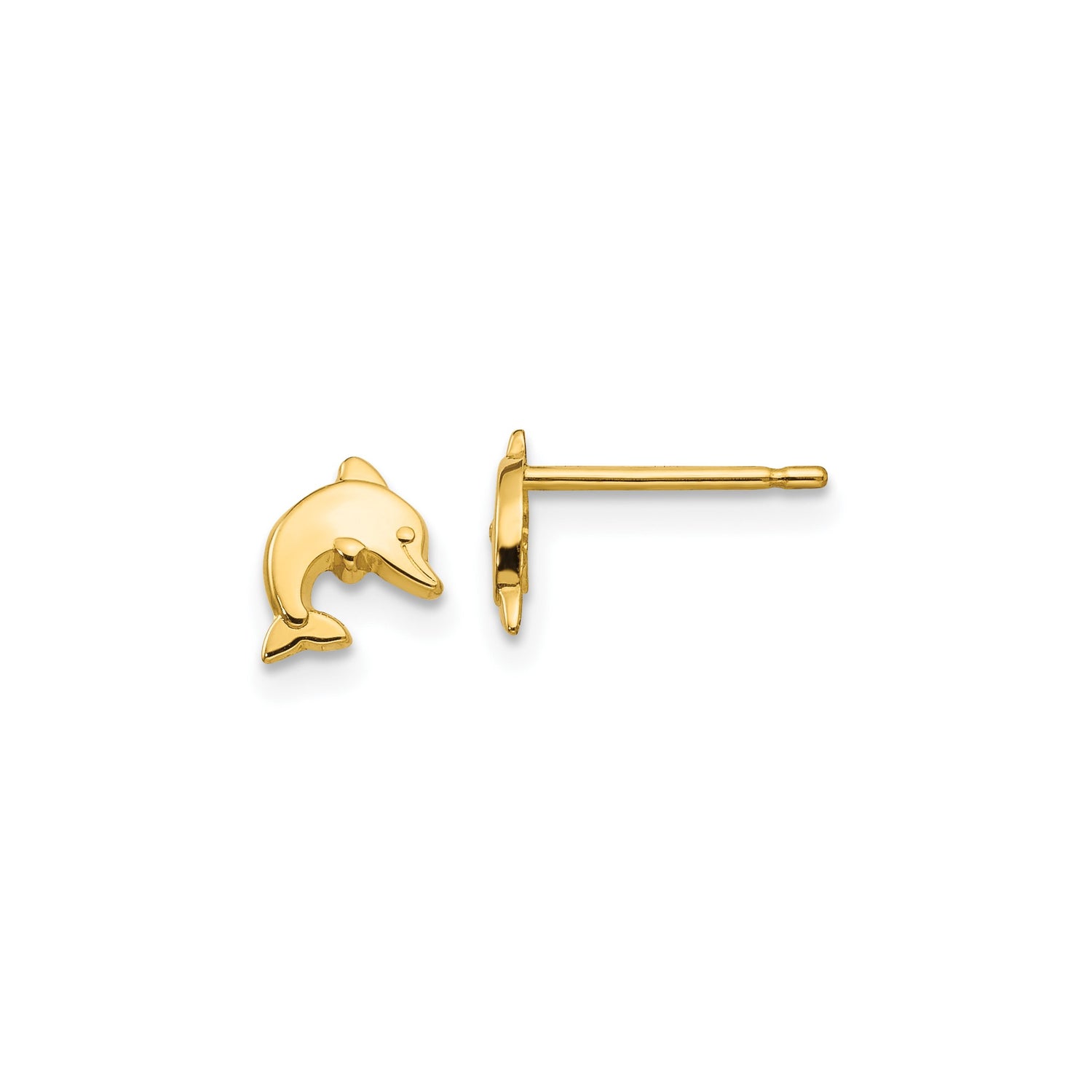 14k Yellow Gold Dolphin Stud Earrings, Polished Ocean-Inspired Animal Design for Women and Girls