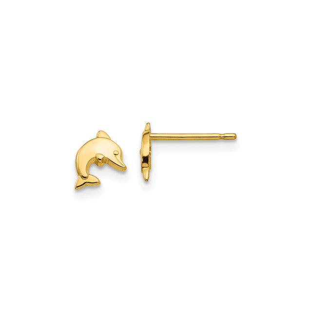 14k Yellow Gold Dolphin Stud Earrings, Polished Ocean-Inspired Animal Design for Women and Girls