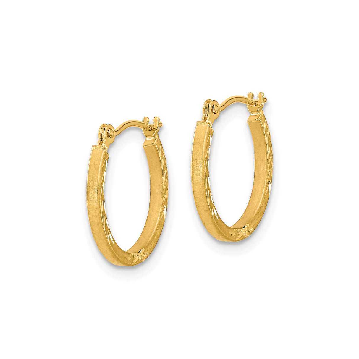 14k Yellow Gold Hoop Earrings, Textured Leaf Pattern with Satin Finish, Lightweight Design