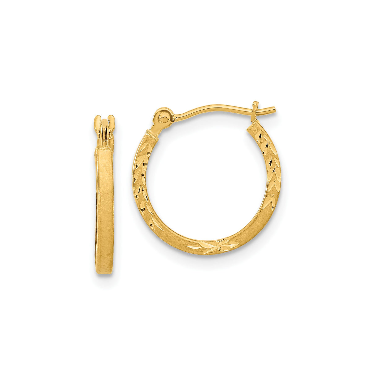 14k Yellow Gold Hoop Earrings, Textured Leaf Pattern with Satin Finish, Lightweight Design