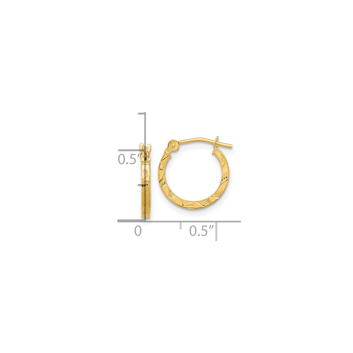 14k Yellow Gold Hoop Earrings, Textured Diamond Cut Square Tube with Hinged Backs