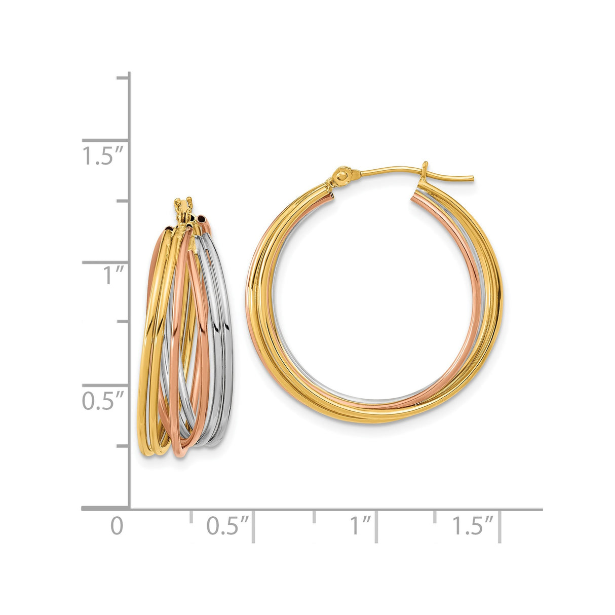 14k Tri Color Gold Hoop Earrings with Intertwined Yellow, White, and Rose Gold Bands