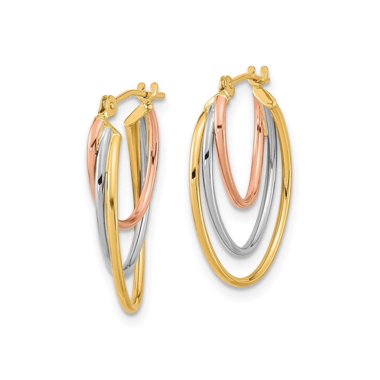 14k Tri-Color Gold Hoop Earrings with Intertwined Yellow, White, and Rose Teardrop Loops
