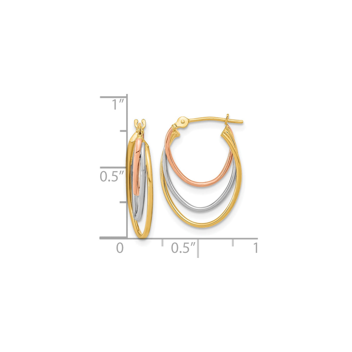 14k Tri-Color Gold Hoop Earrings with Intertwined Yellow, White, and Rose Teardrop Loops