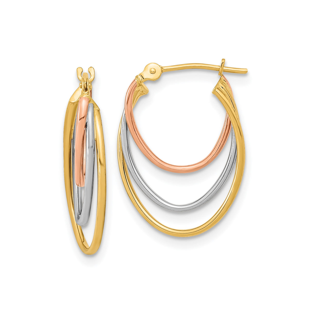 14k Tri-Color Gold Hoop Earrings with Intertwined Yellow, White, and Rose Teardrop Loops