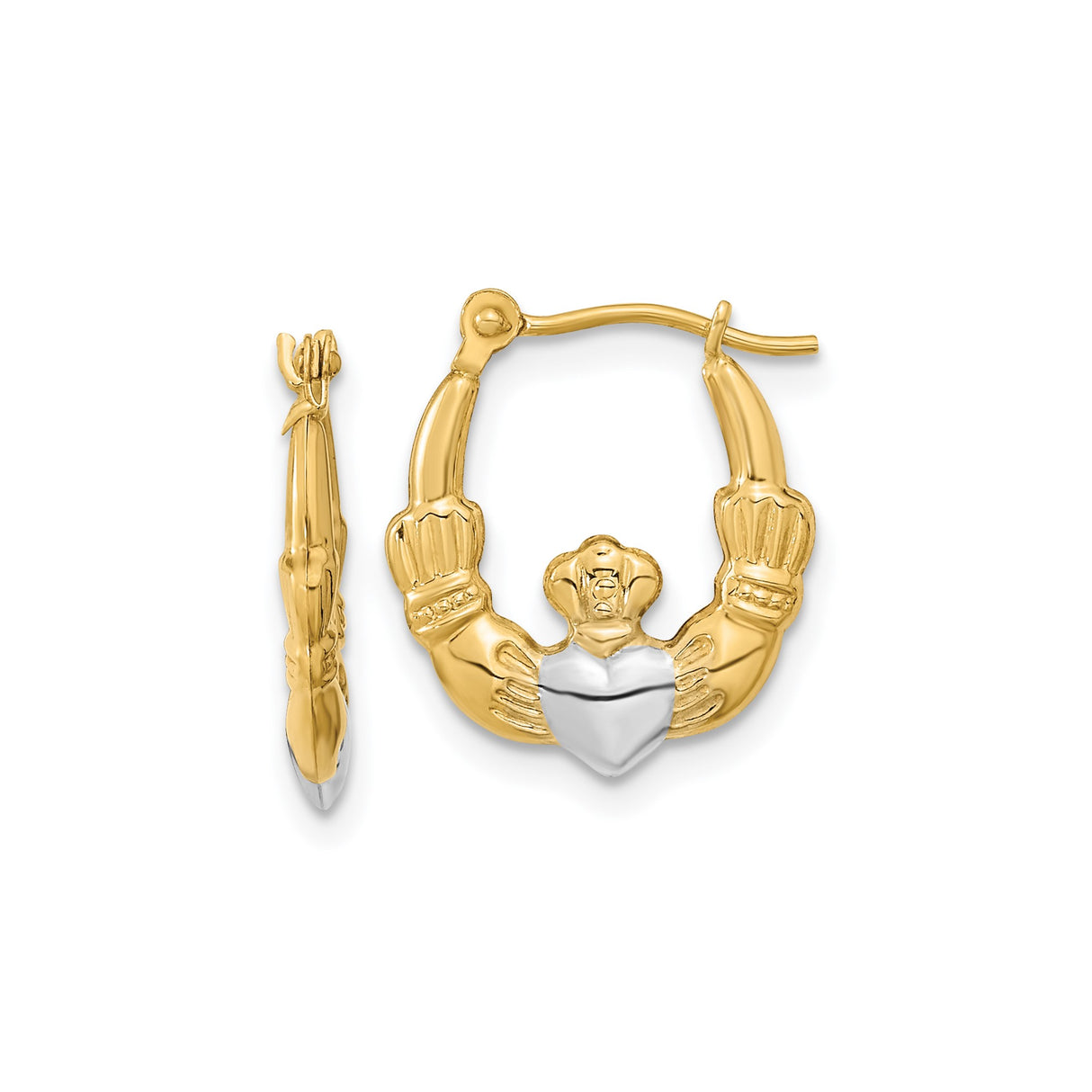 14k Yellow Gold Claddagh Hoop Earrings with Rhodium Accents, Celtic Design for Women
