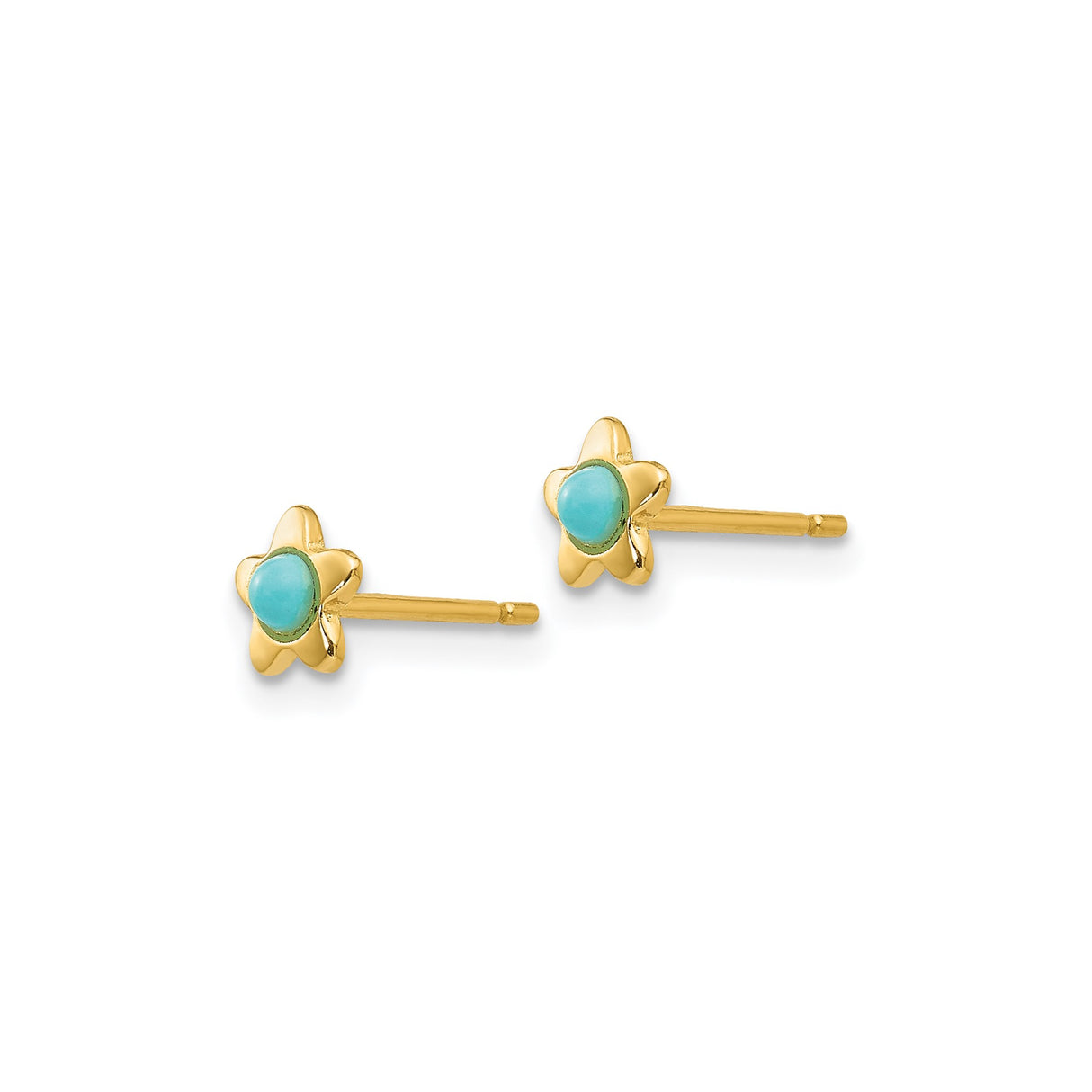 14k Yellow Gold Flower Stud Earrings with Created Turquoise Center, Dainty Floral Style