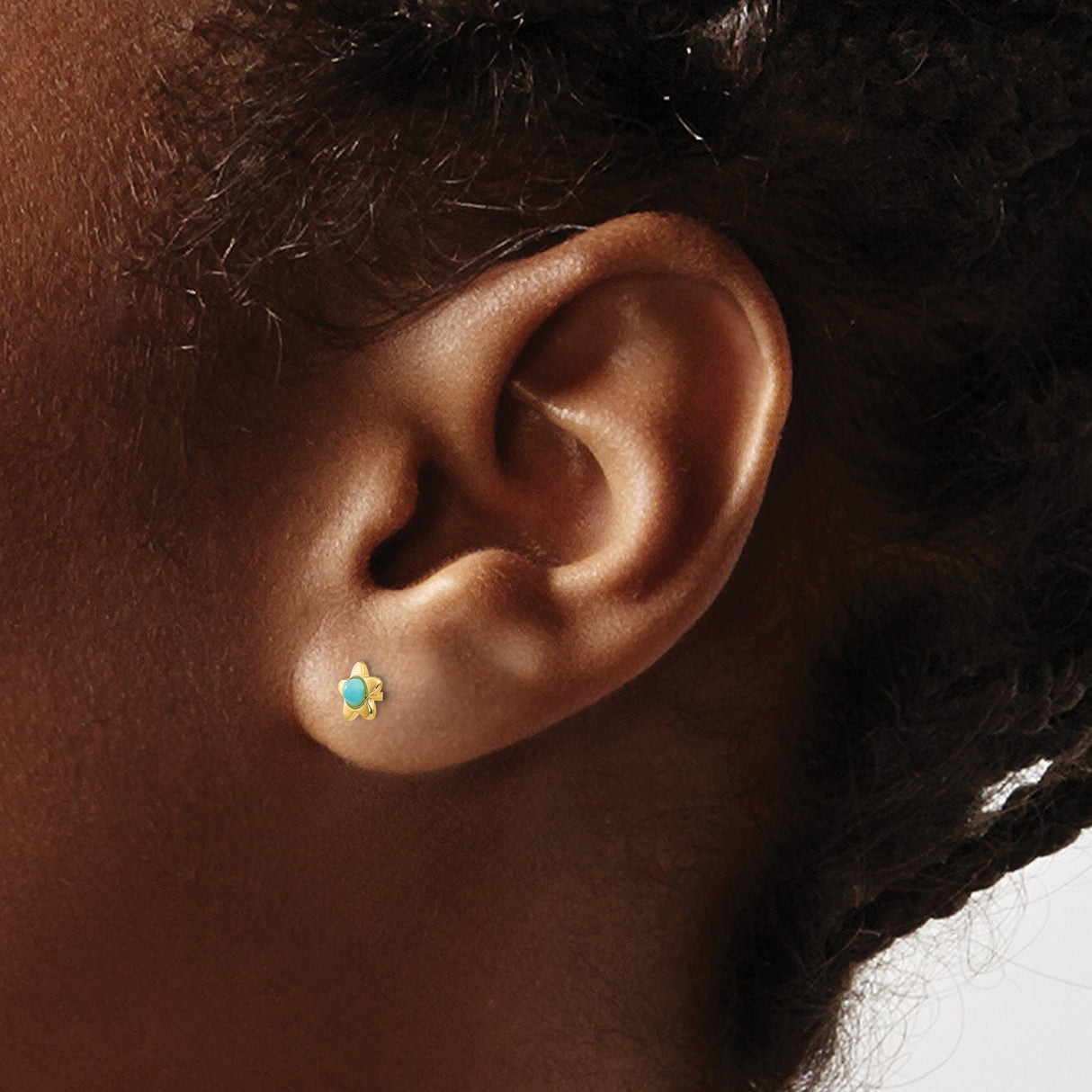 14k Yellow Gold Flower Stud Earrings with Created Turquoise Center, Dainty Floral Style