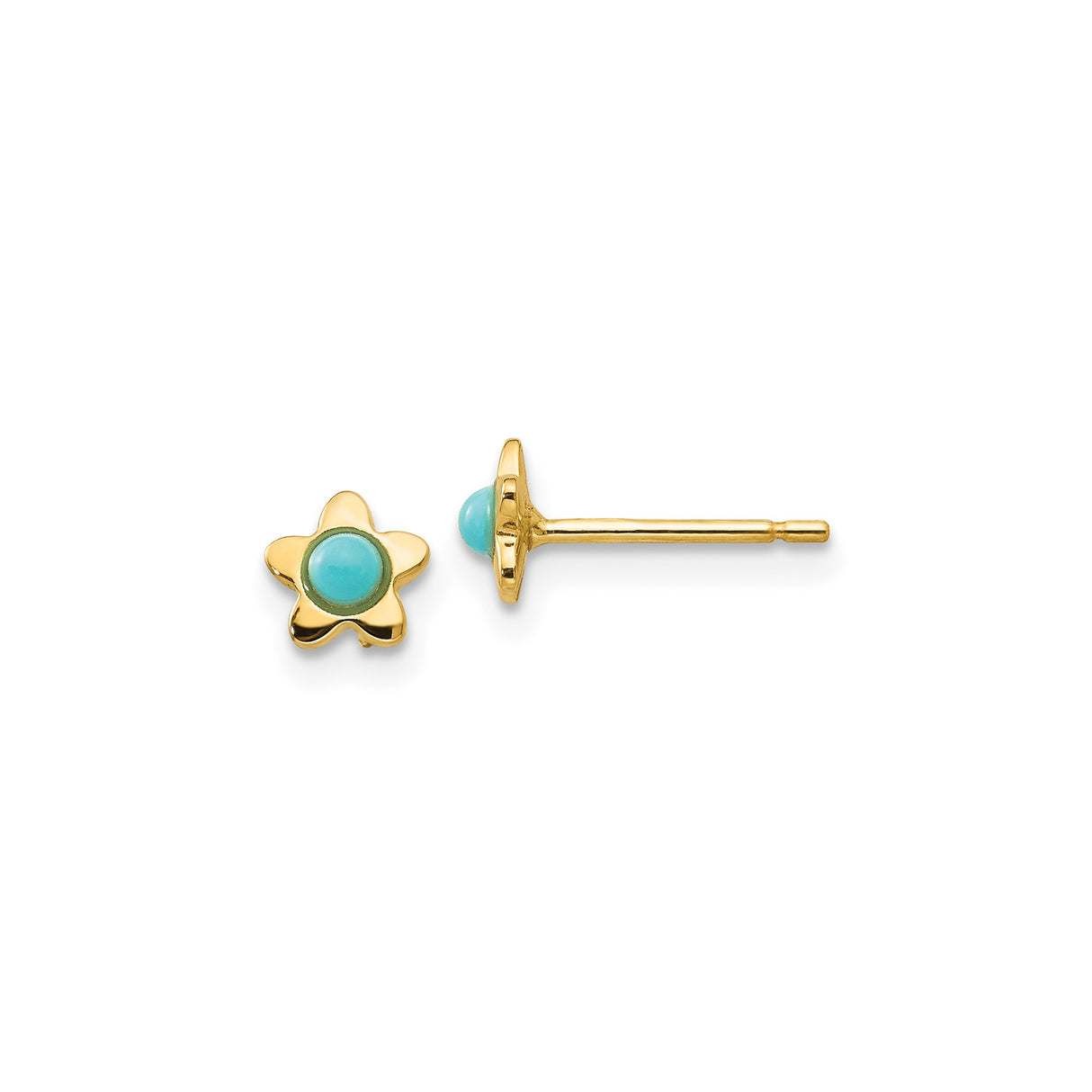 14k Yellow Gold Flower Stud Earrings with Created Turquoise Center, Dainty Floral Style