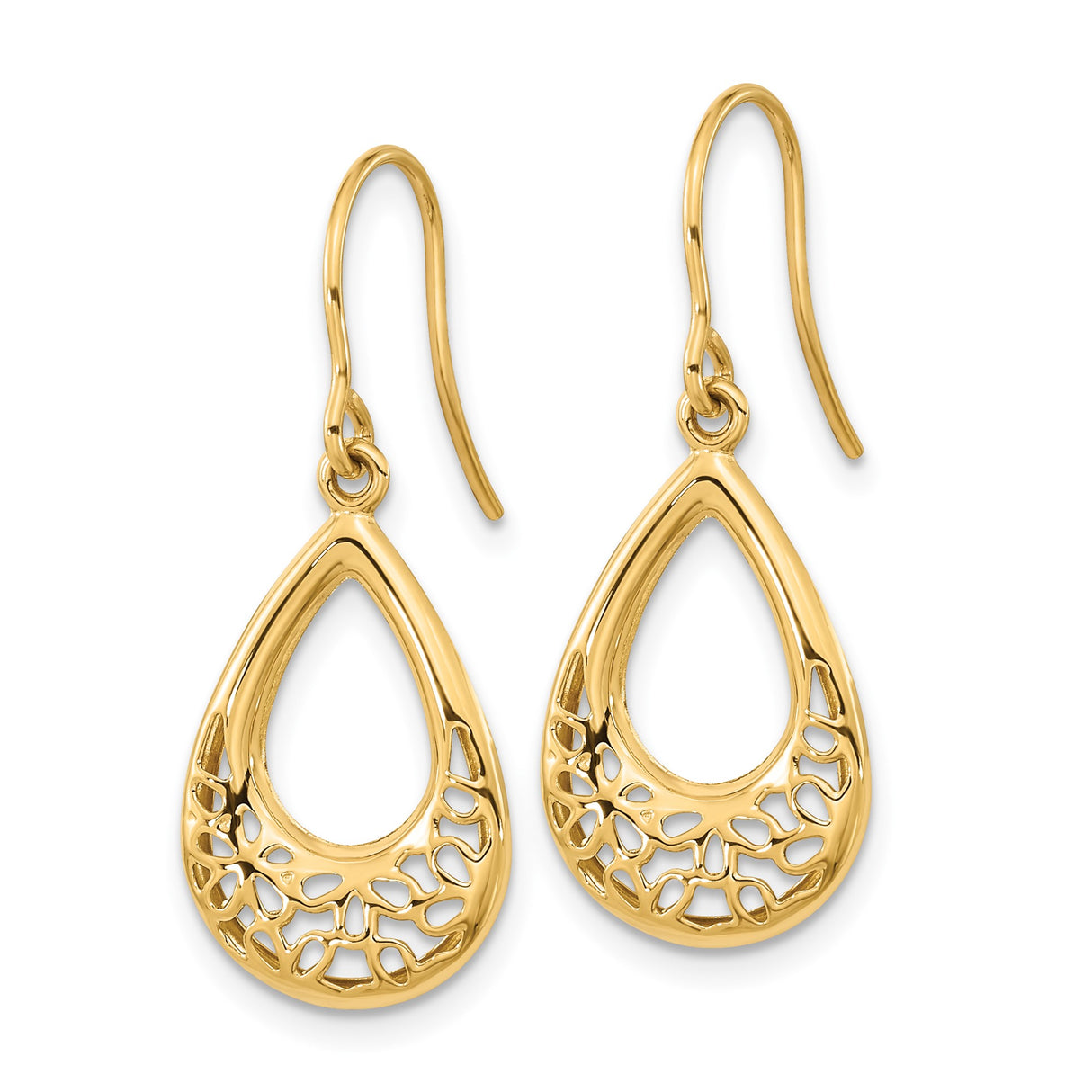 14k Yellow Gold Teardrop Dangle Earrings with Openwork Filigree Design
