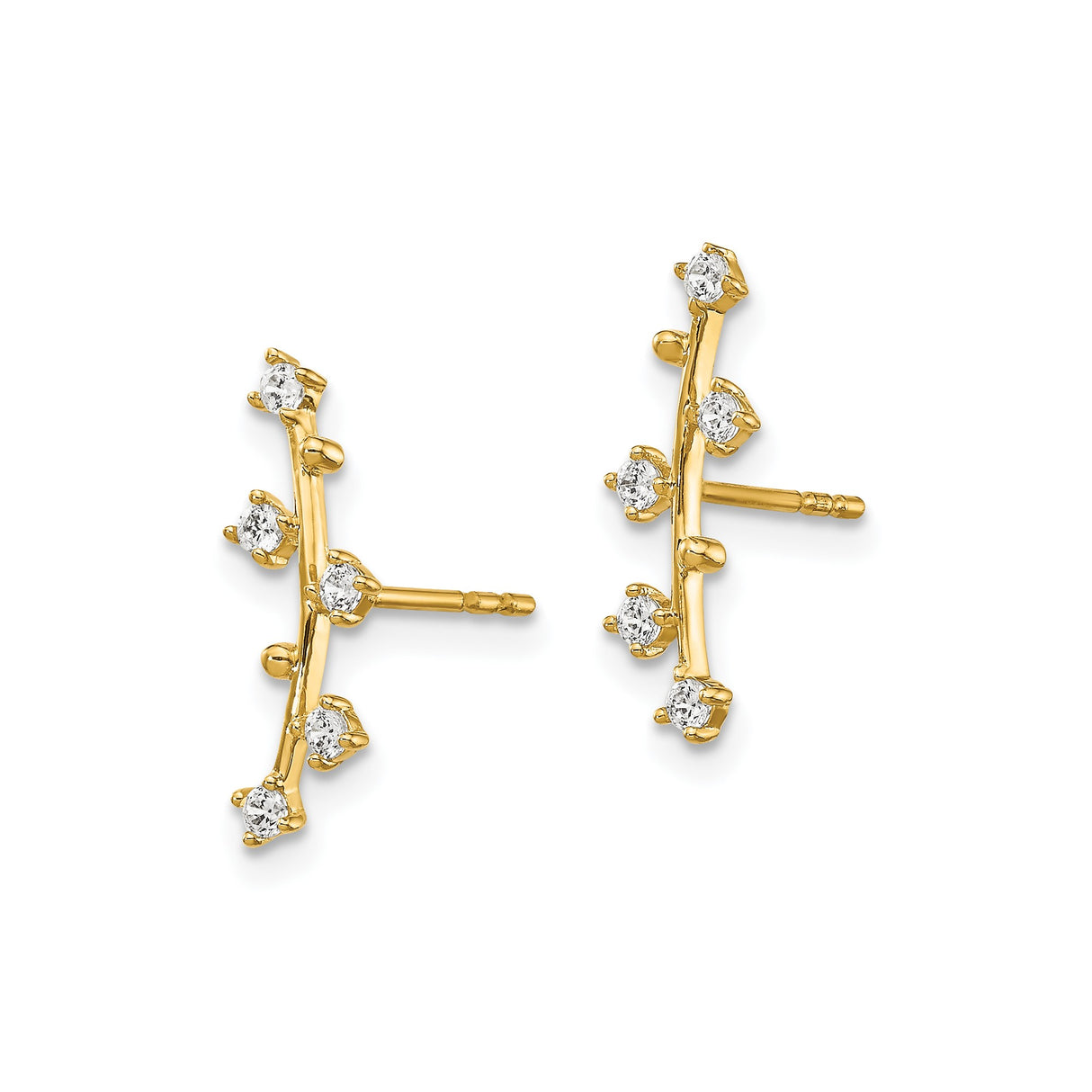 14k Yellow Gold Ear Climbers with Cubic Zirconia, Curved Vine Design for Women